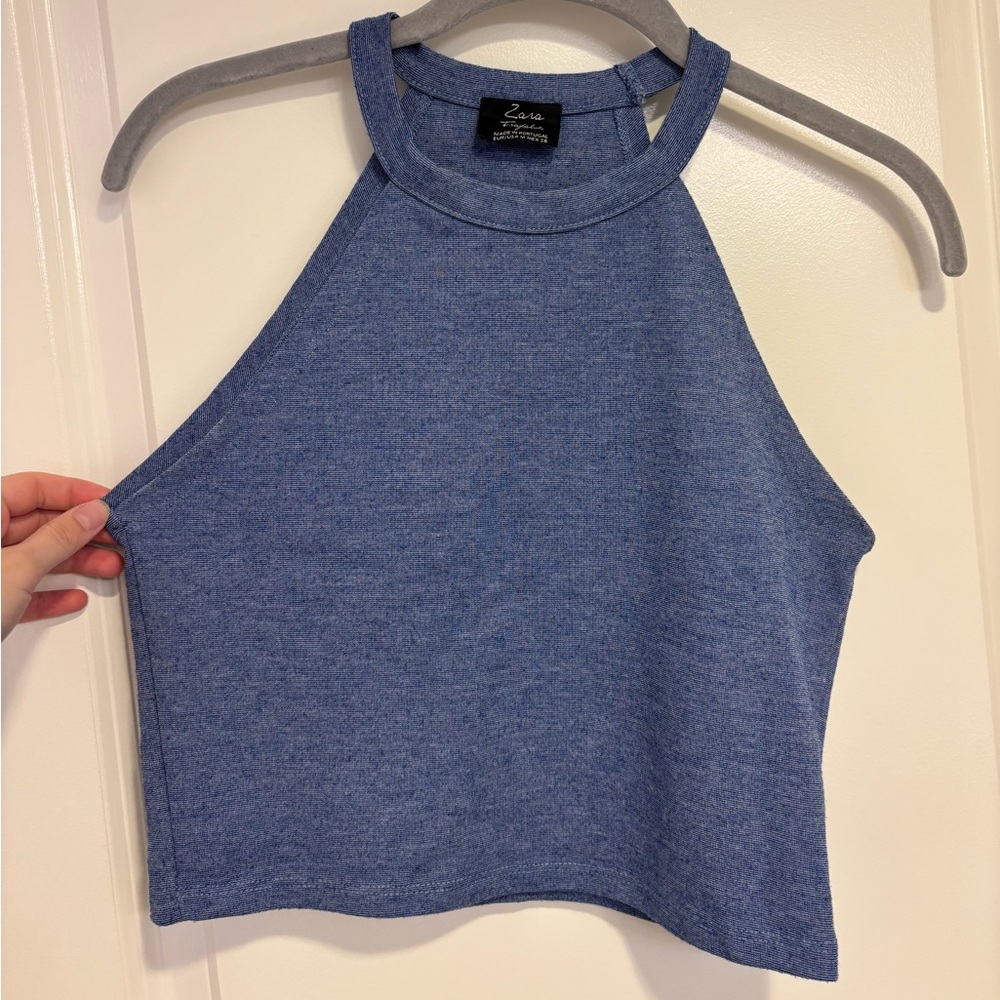 Vintage Zara Trafaluc Blue High Neck Halter Crop Top (S)
